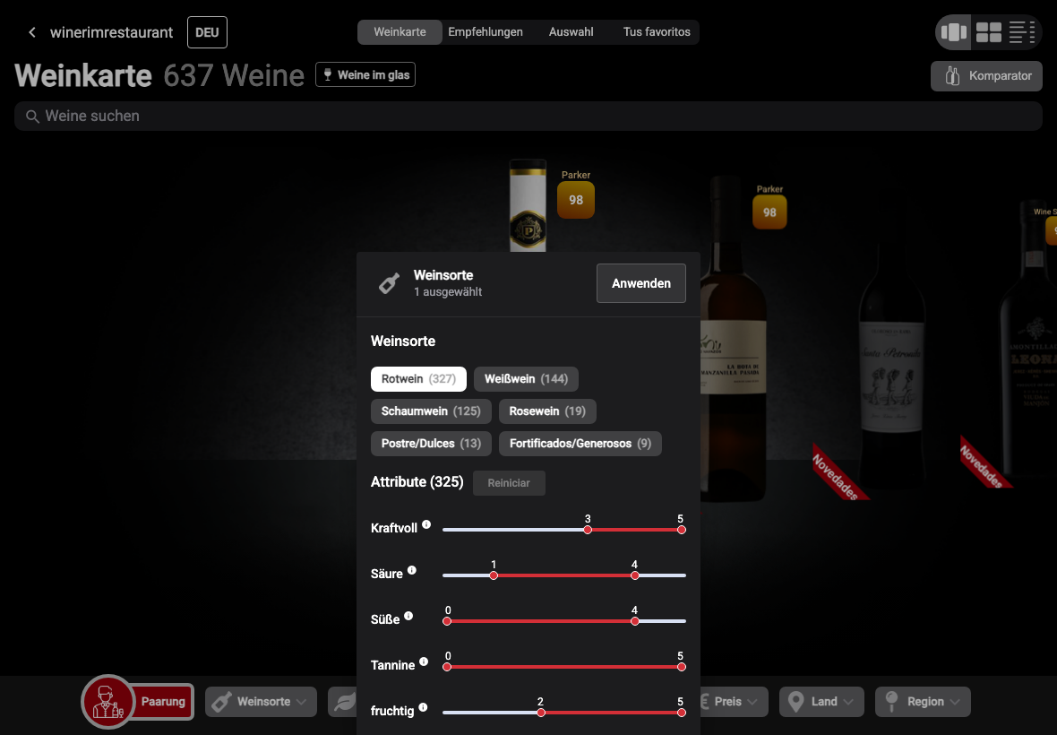 App Deutsch filtro tipo tinto atributos