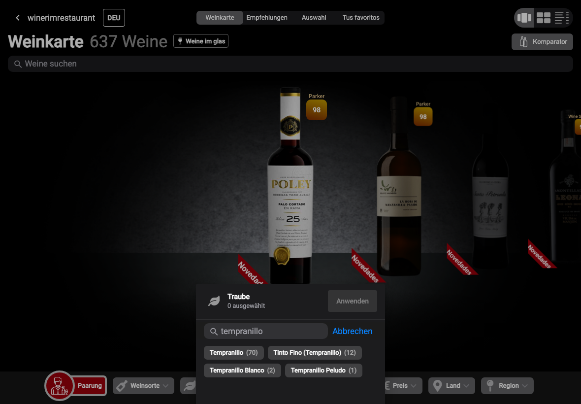 App Deutsch filtro uva busqueda tempranillo