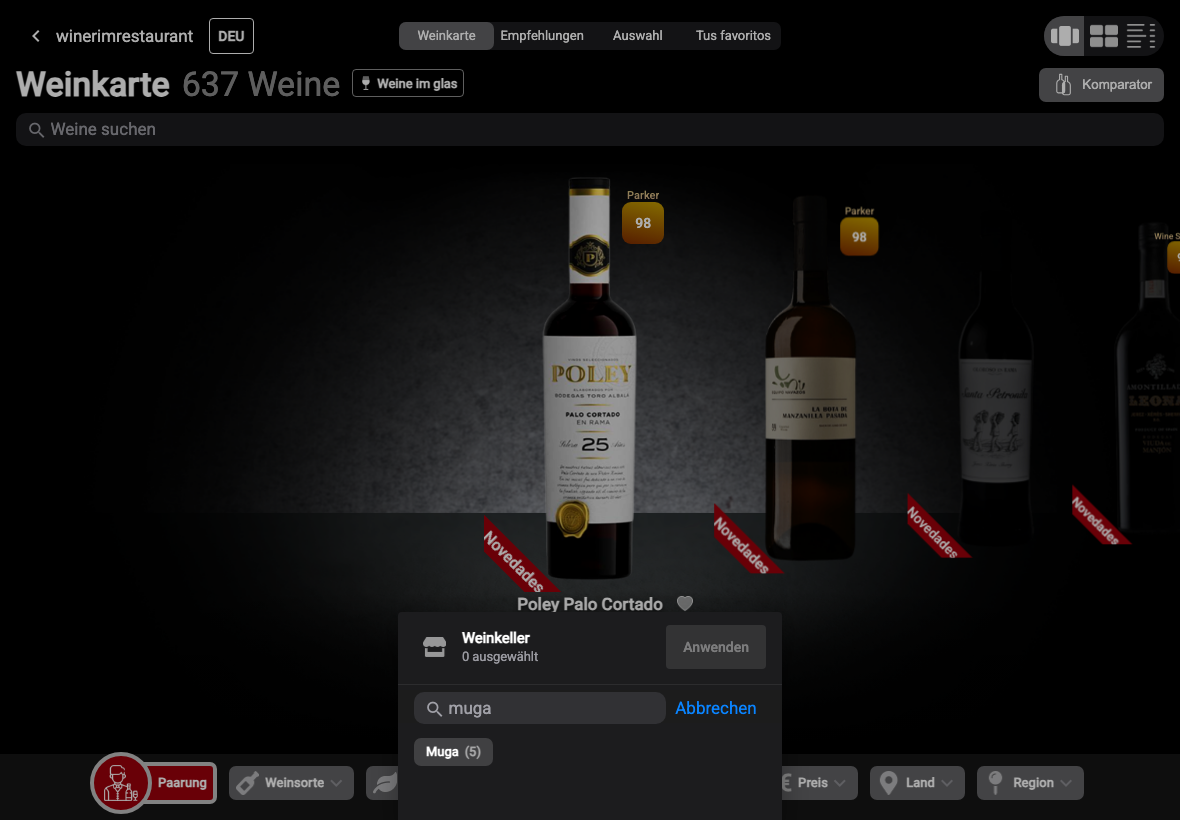 App Deutsch filtro bodega busqueda muga