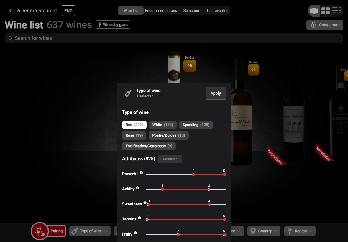 App English filtro tipo tinto atributos