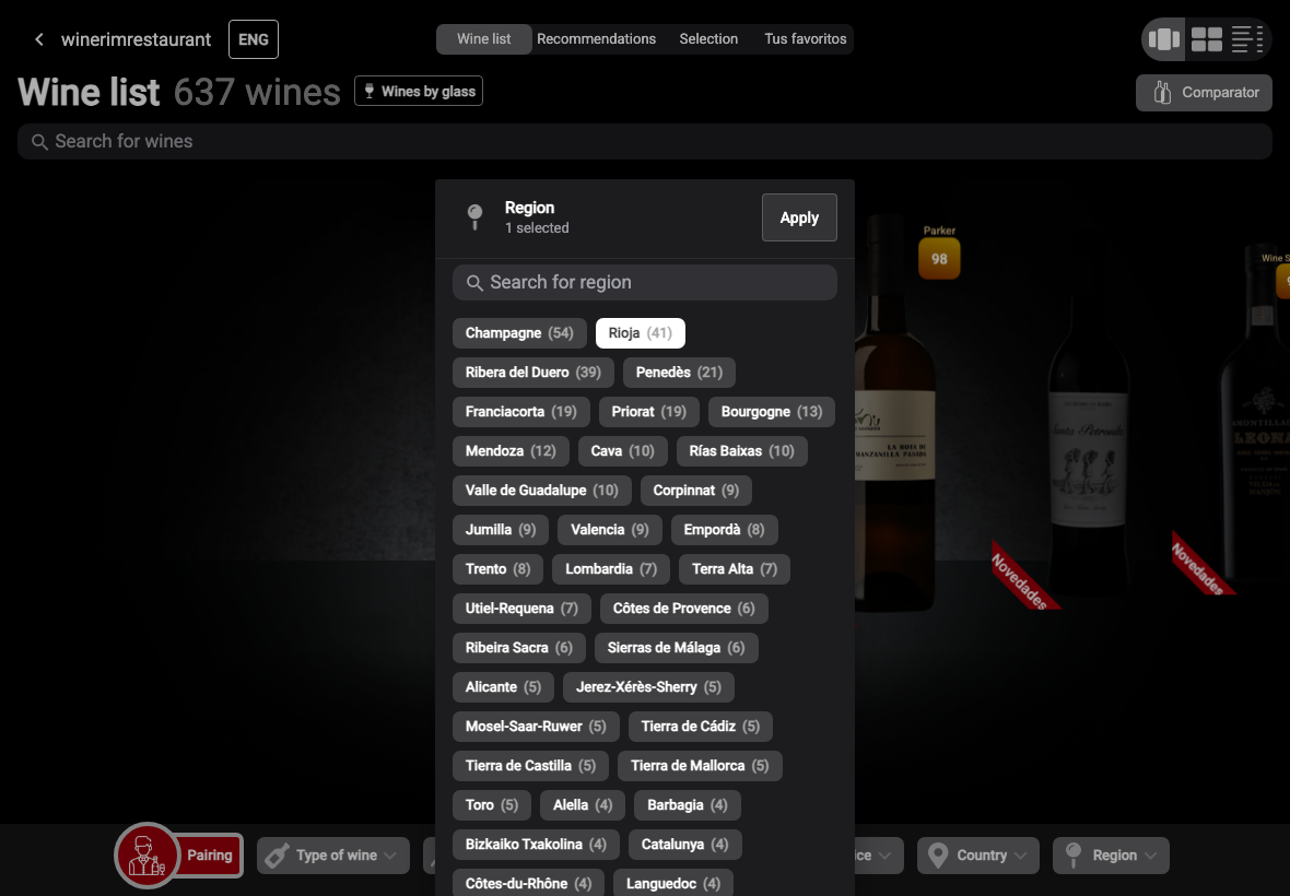 App English filtro region rioja seleccionado