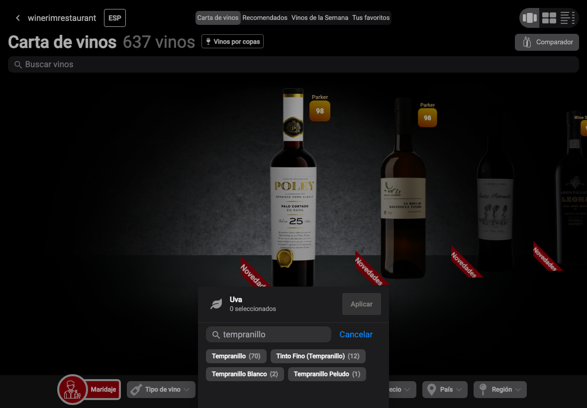 App Español filtro uva busqueda tempranillo