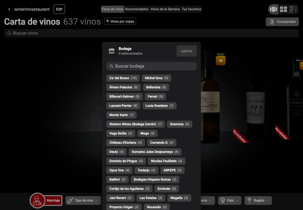 App Español filtro bodega lista