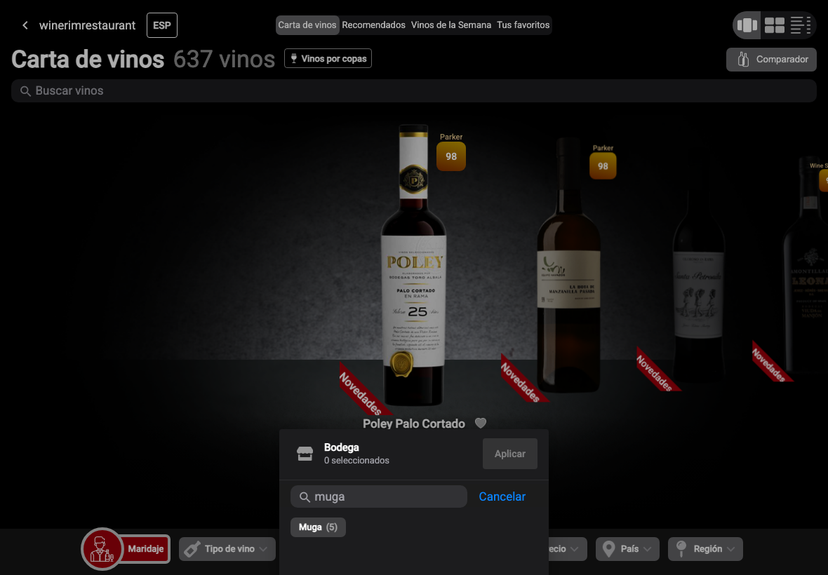 App Español filtro bodega busqueda muga