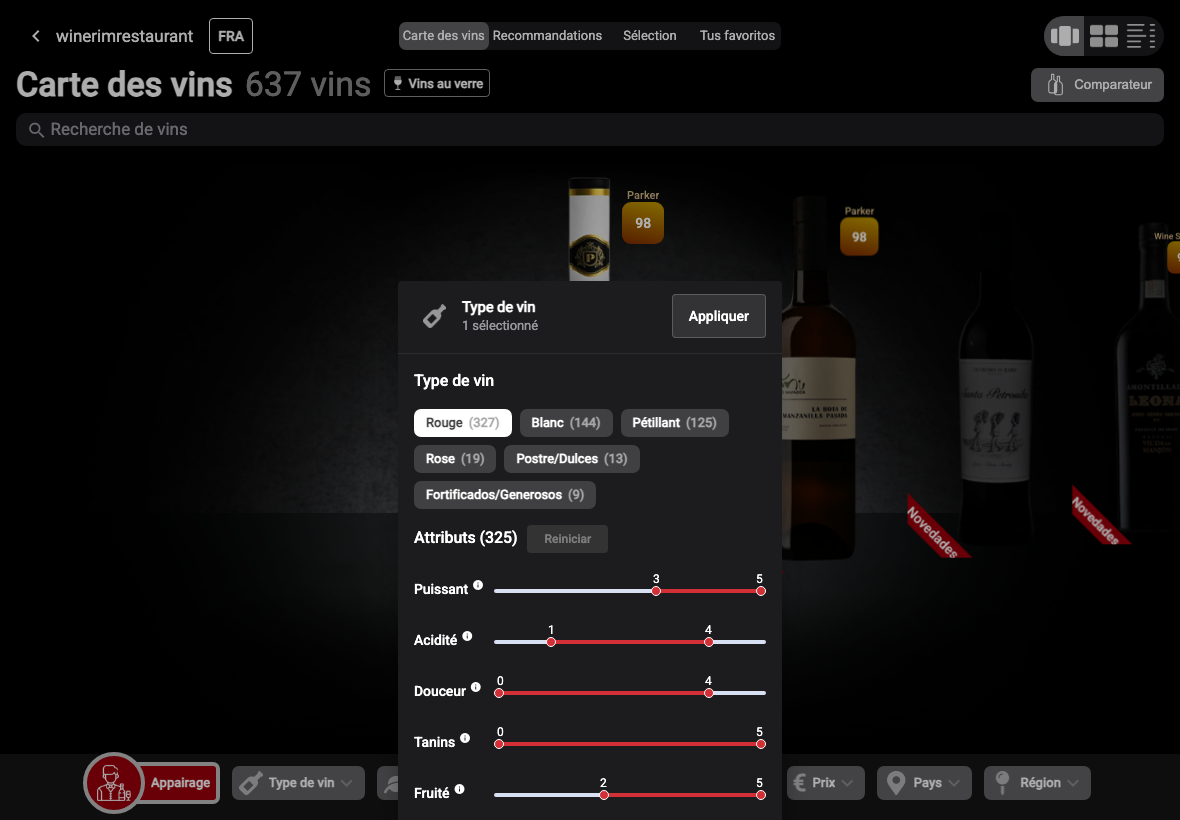 App Français filtro tipo tinto atributos
