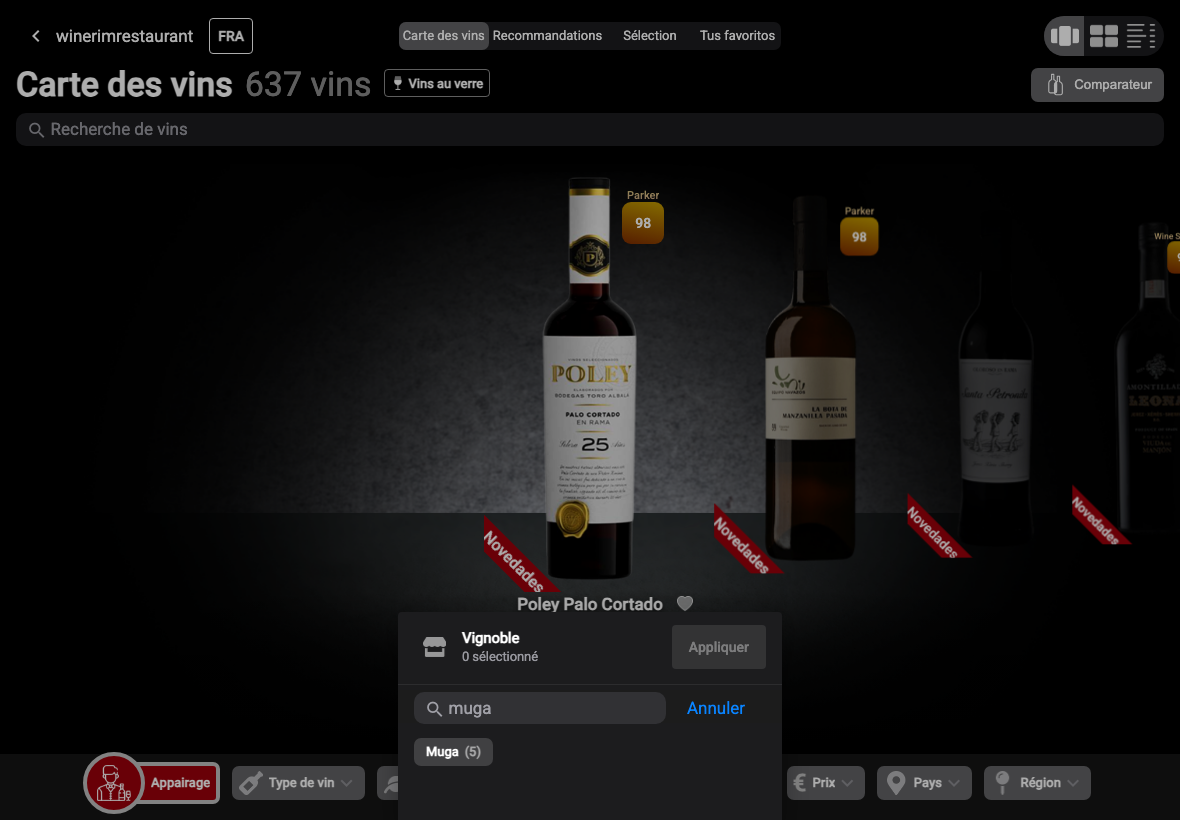 App Français filtro bodega busqueda muga