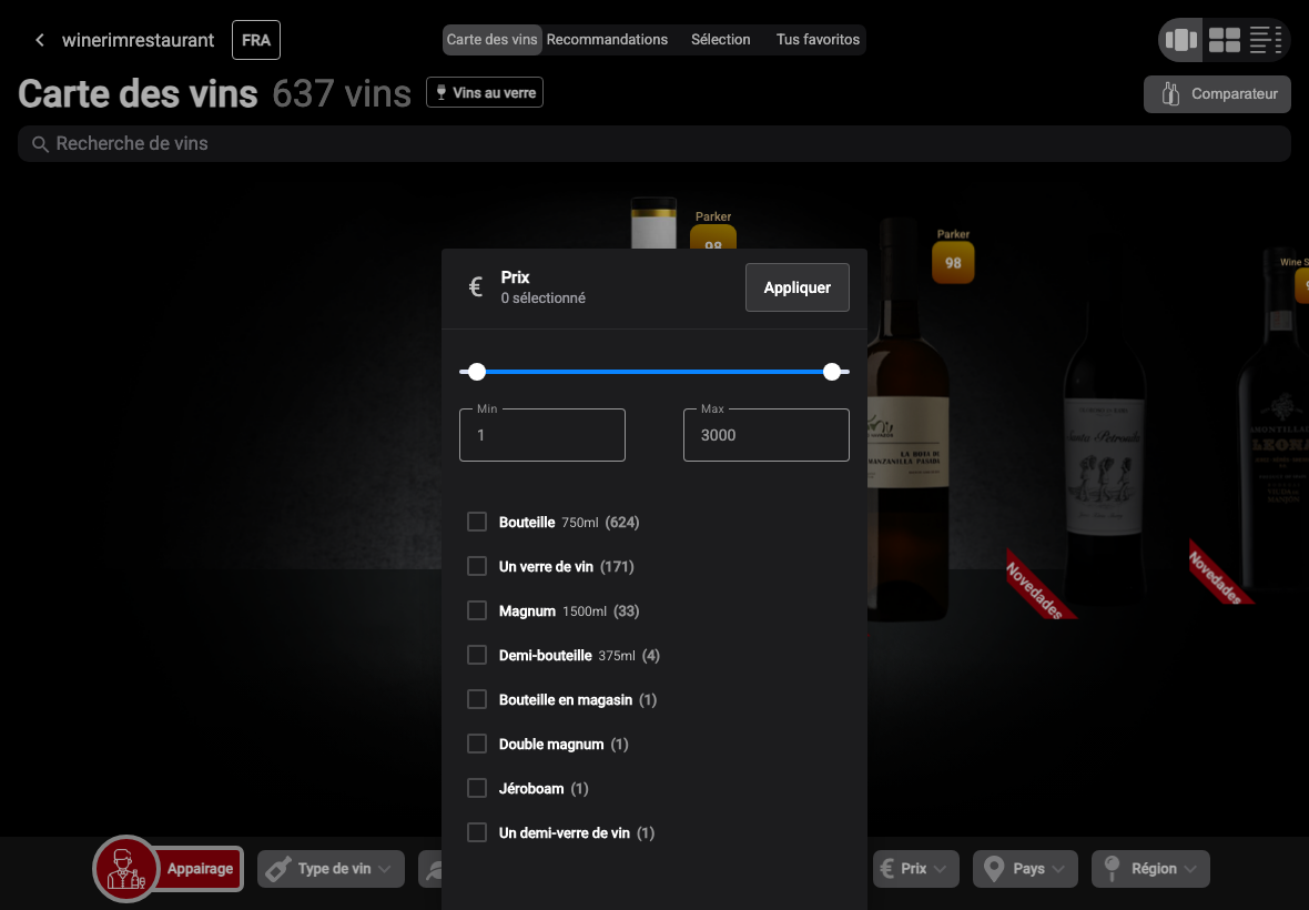 App Français filtro precio botella seleccionado