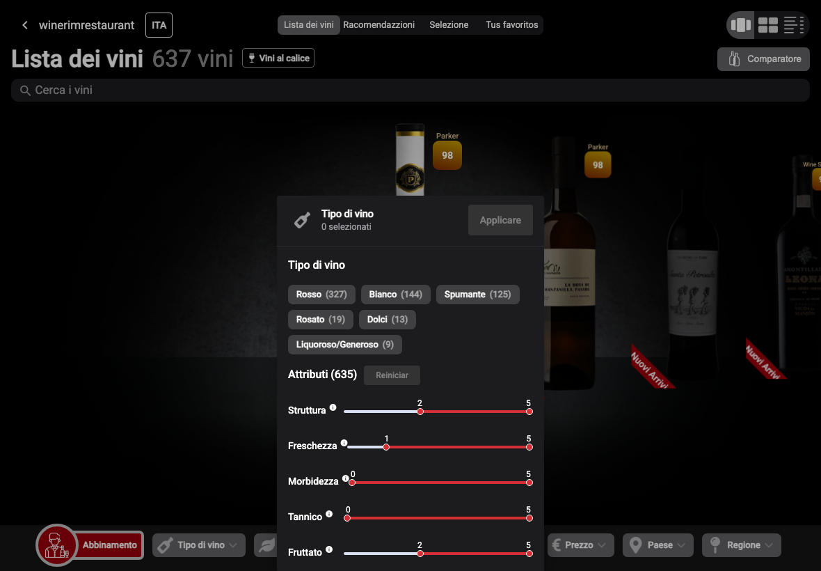 App Italiano filtro tipo vino