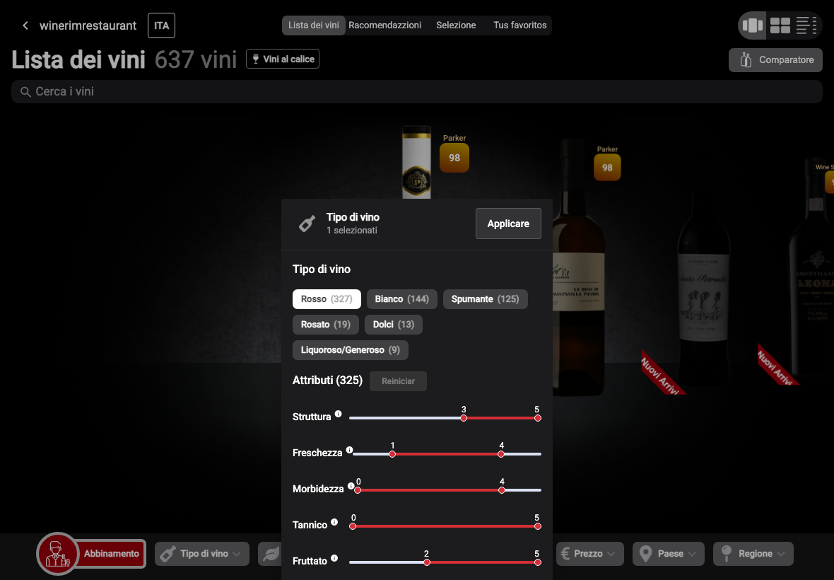 App Italiano filtro tipo tinto atributos