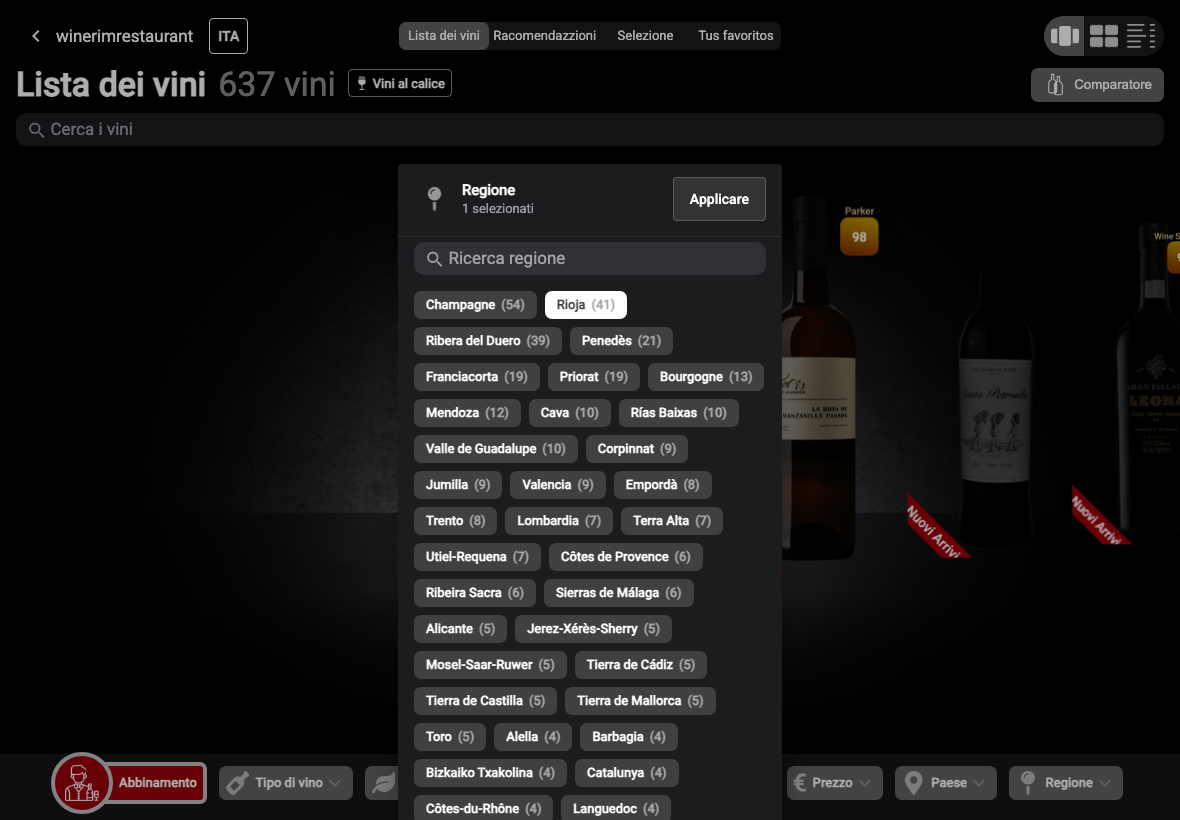 App Italiano filtro region rioja seleccionado