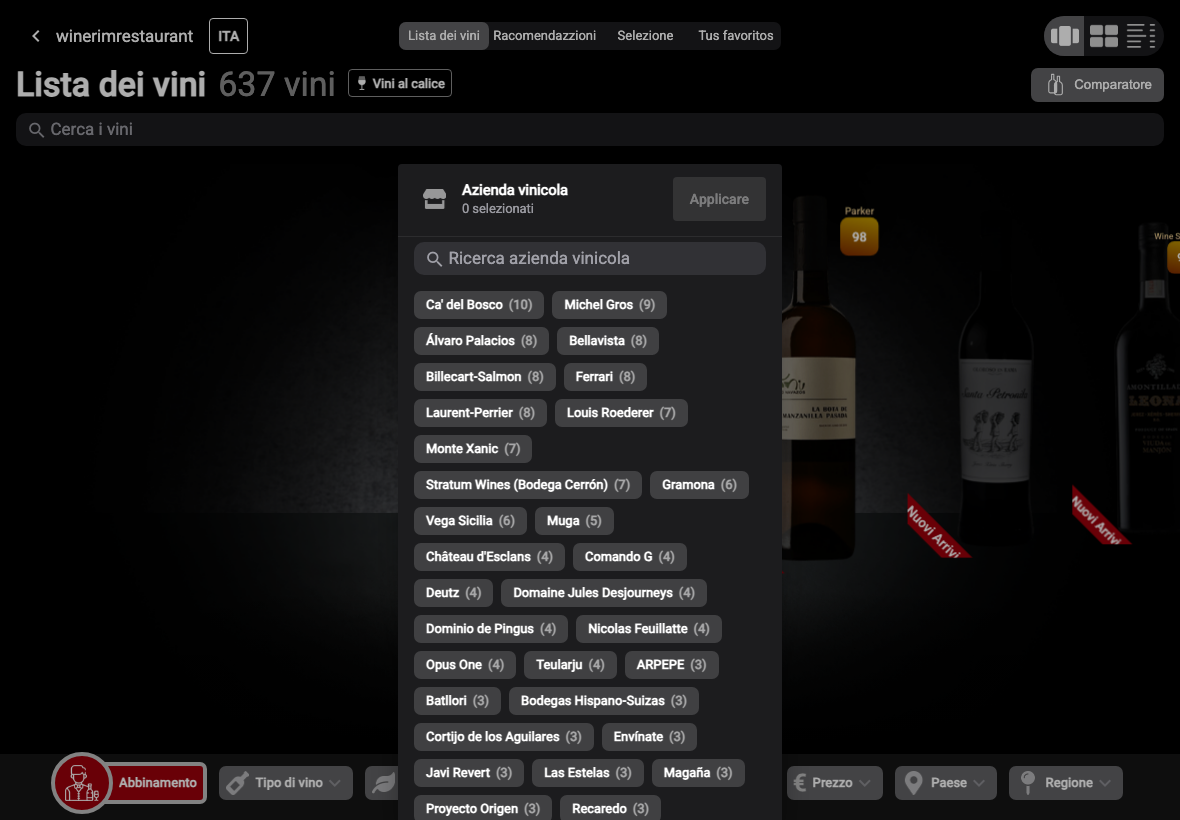 App Italiano filtro bodega lista
