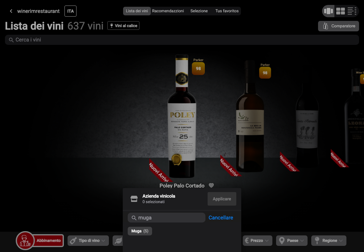 App Italiano filtro bodega busqueda muga