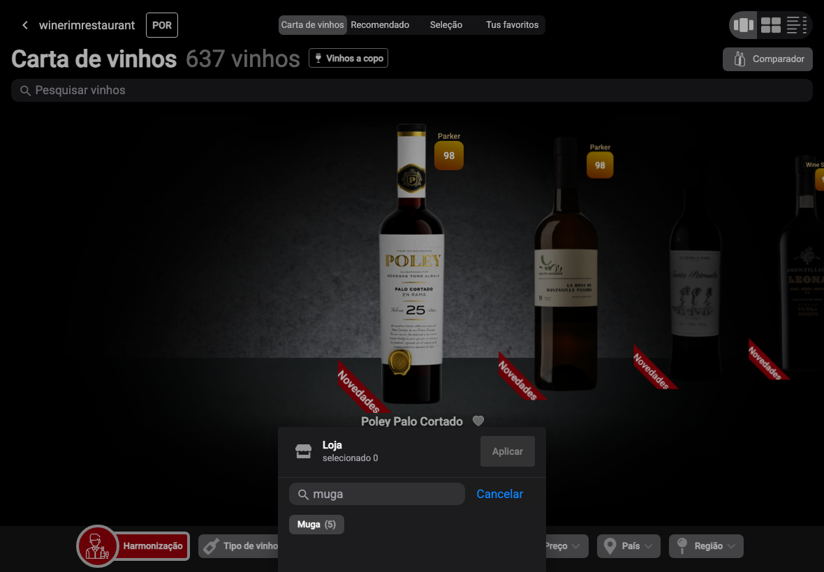 App Português filtro bodega busqueda muga