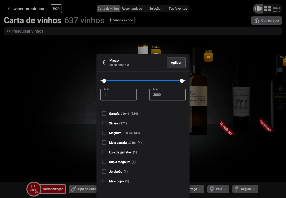 App Português filtro precio botella seleccionado