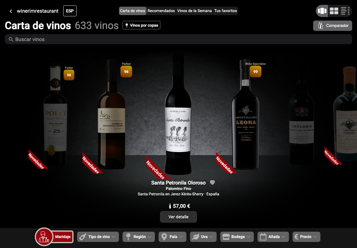 Carta de vinos: vista principal