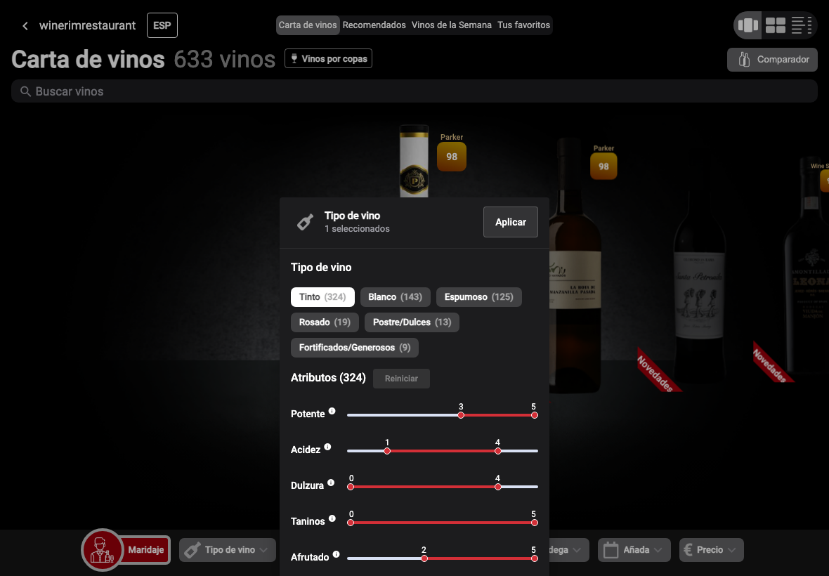 Tinto seleccionado y atributos
