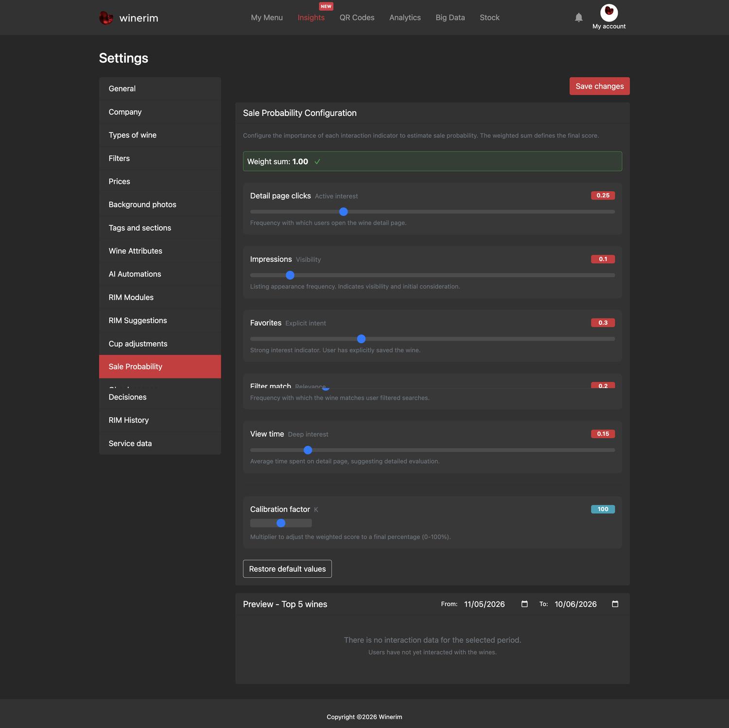 Editor English ajustes probabilidad venta