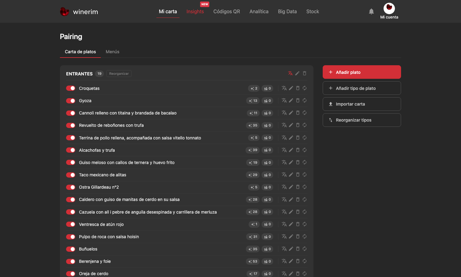 Pairing: lista de platos