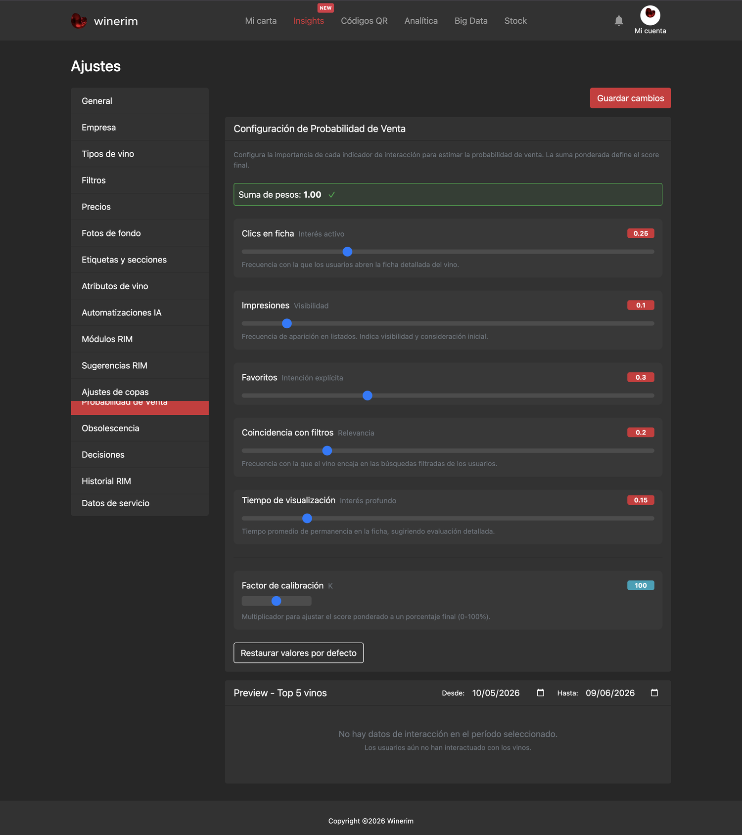 Editor Español ajustes probabilidad venta