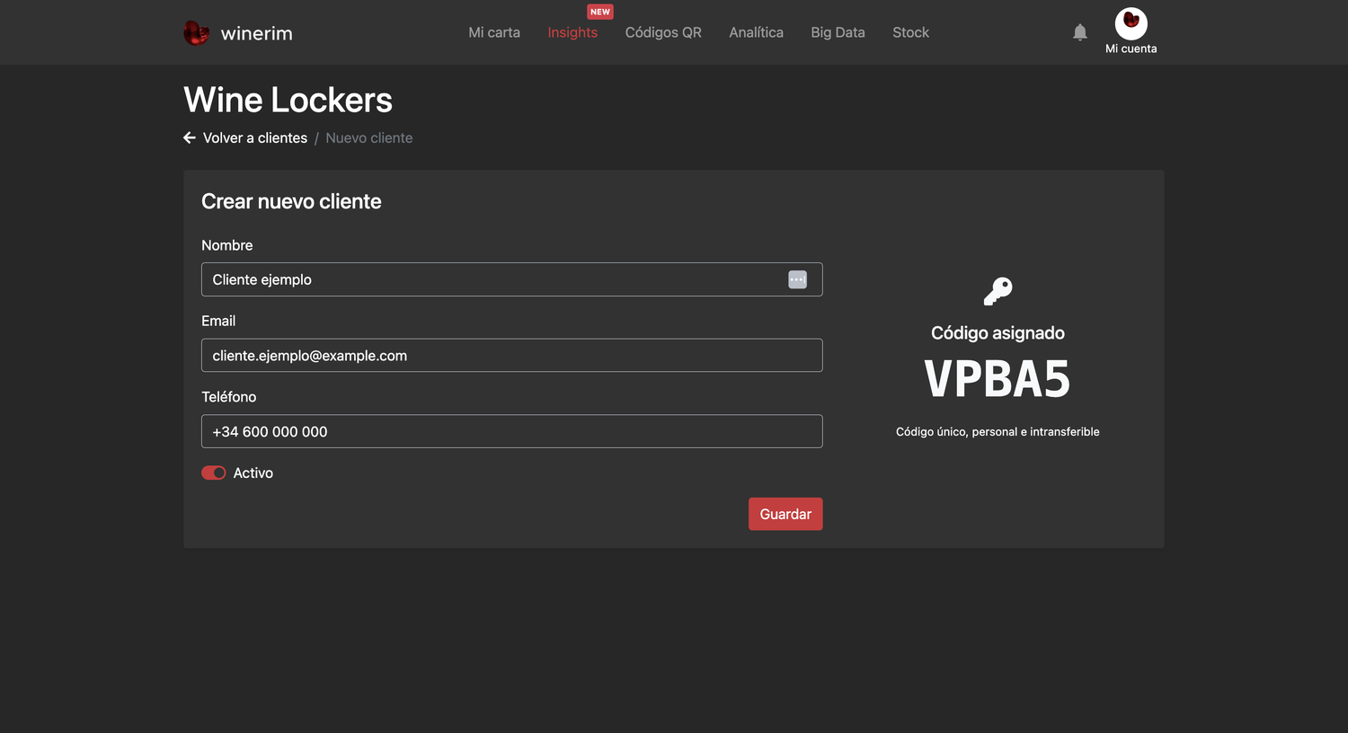 Editor Español wine locker nuevo cliente