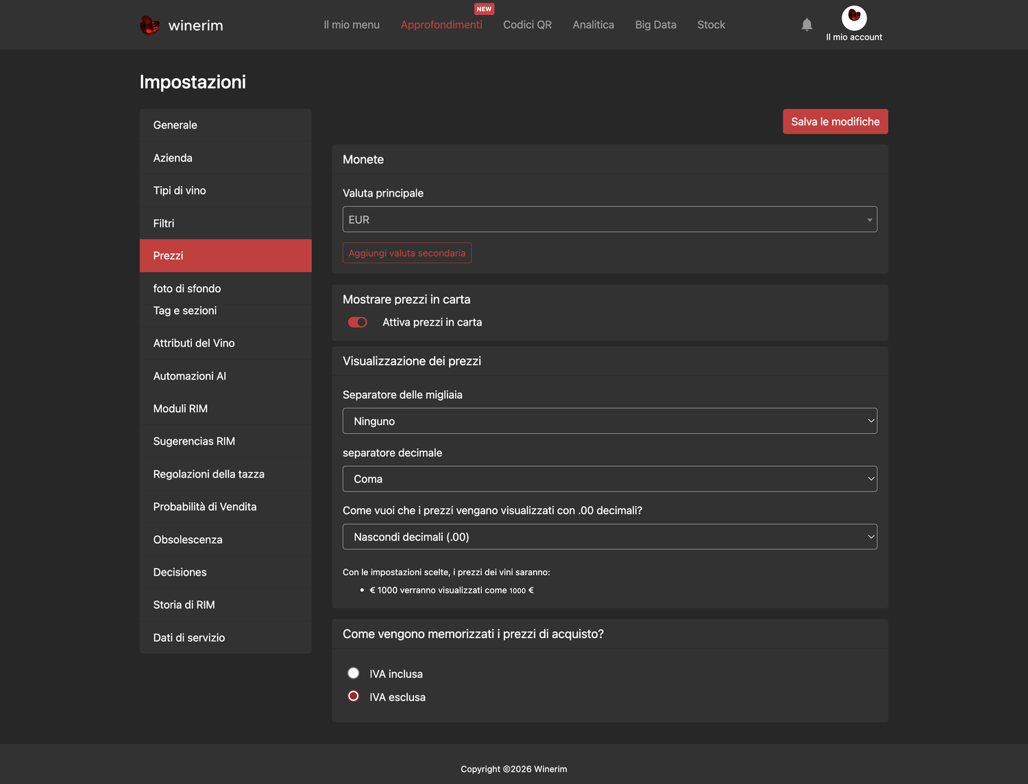 Editor Italiano ajustes precios