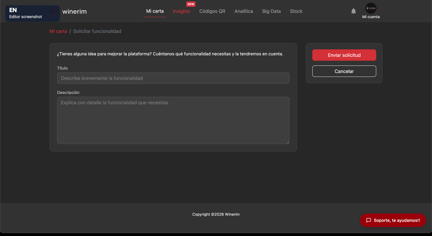 Editor English soporte funcionalidad
