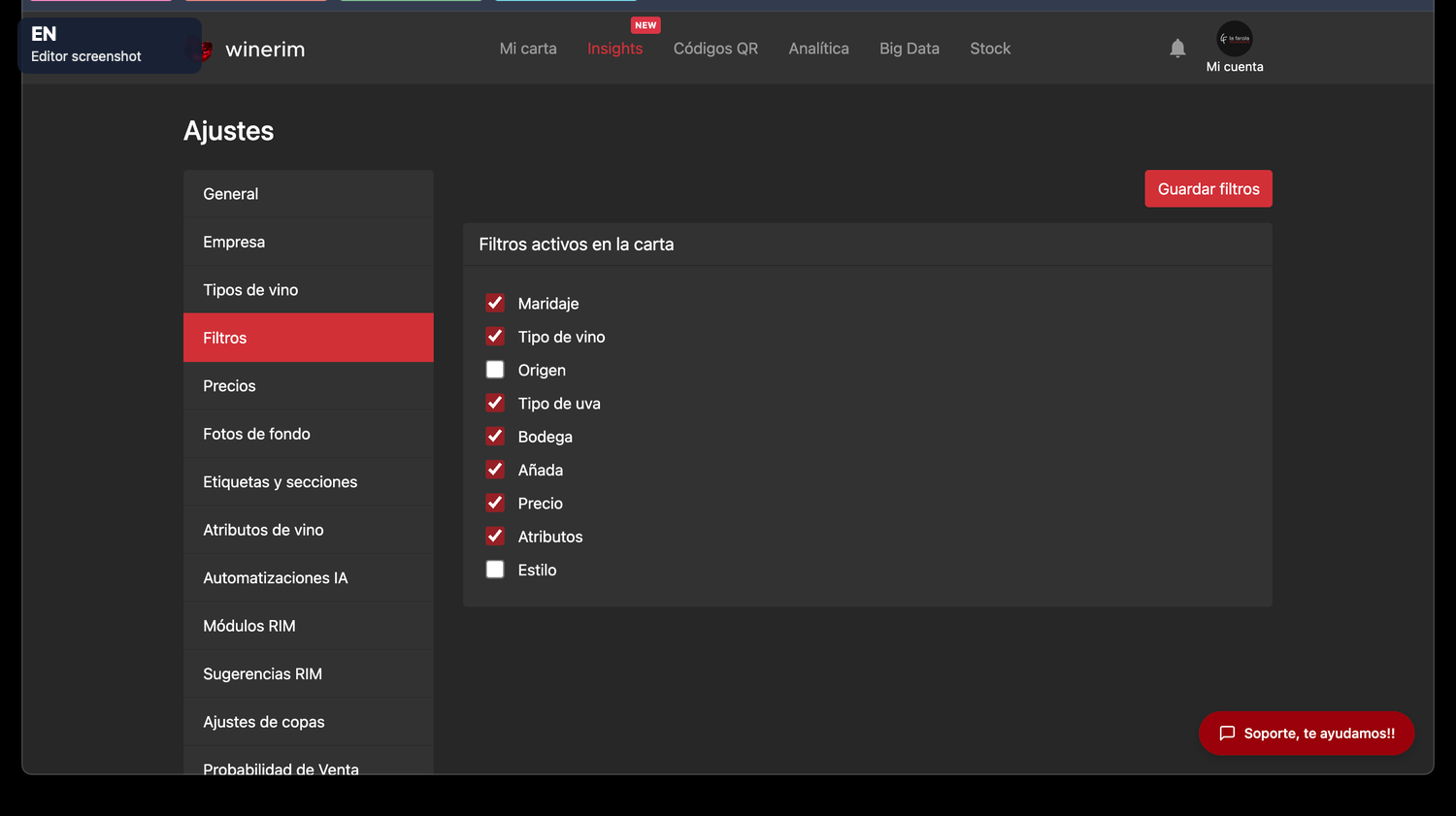 Editor English ajustes filtros