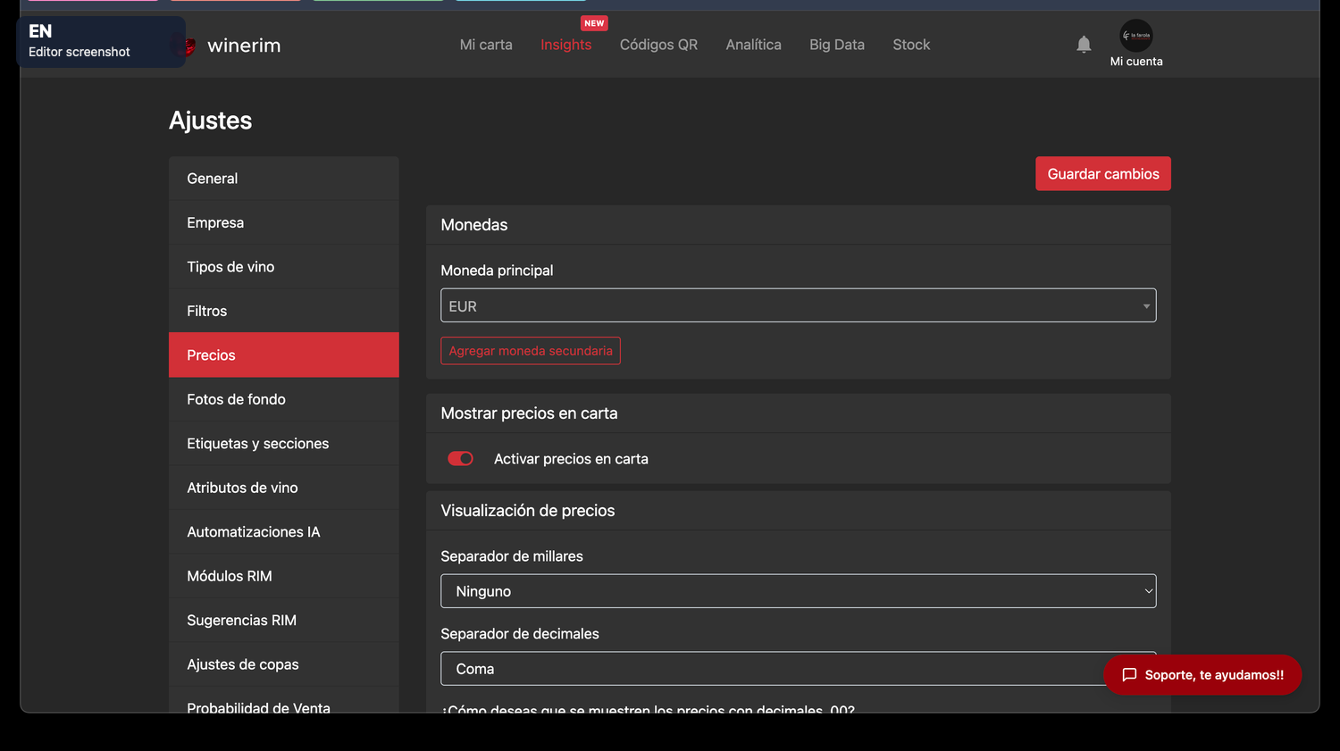 Editor English ajustes precios