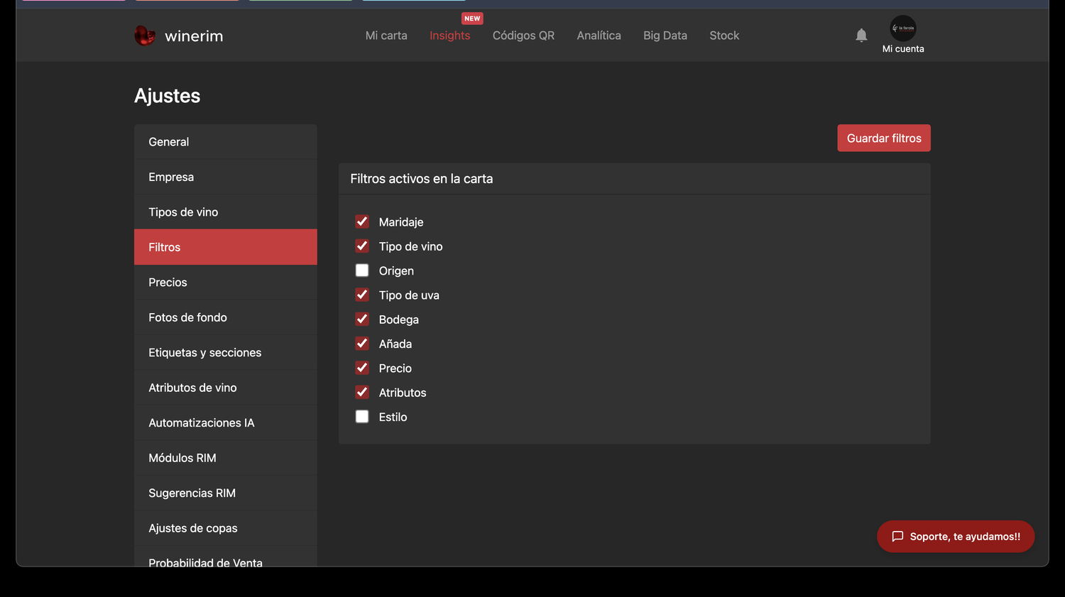 Editor Español ajustes filtros