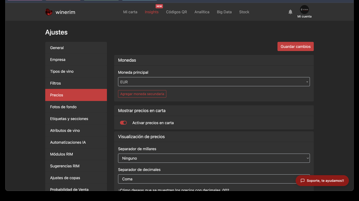 Editor Español ajustes precios