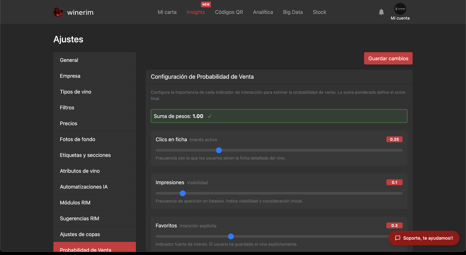 Editor Español ajustes probabilidad venta