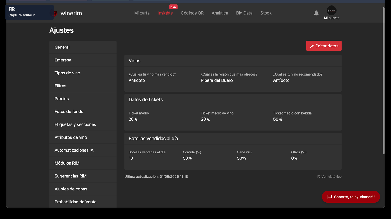 Editor Français ajustes datos servicio