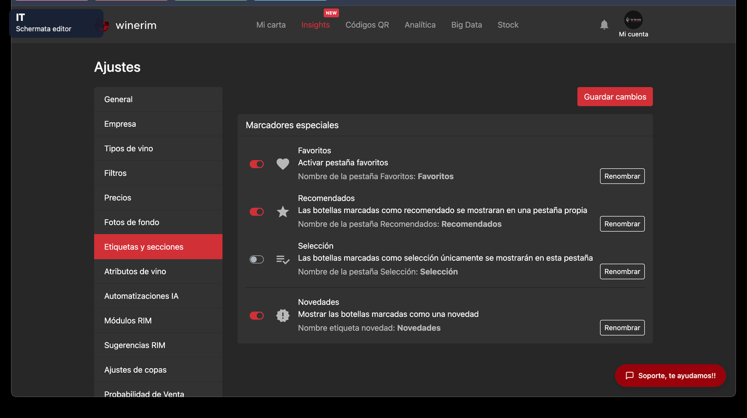 Editor Italiano ajustes etiquetas secciones