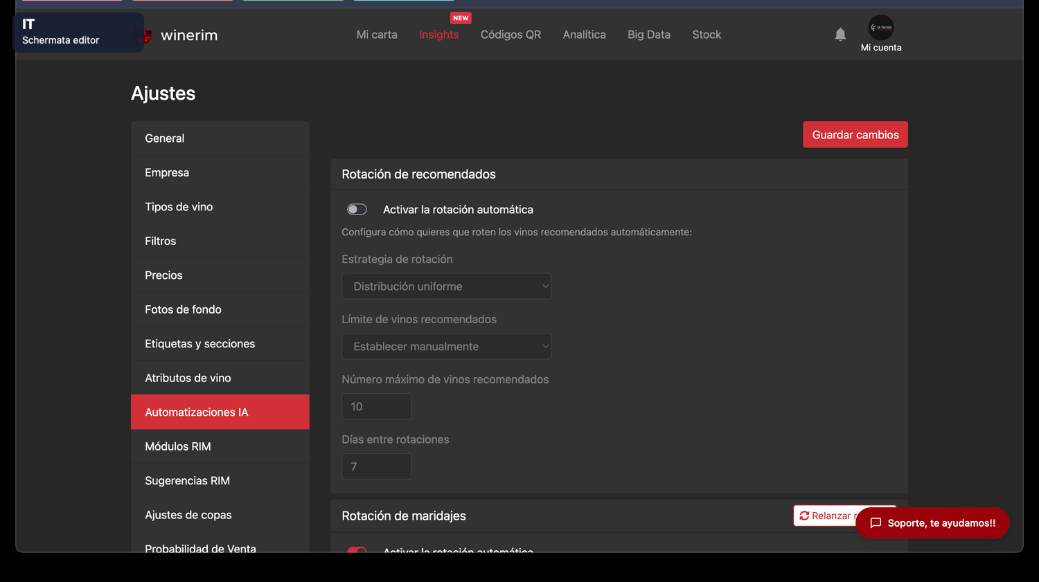 Editor Italiano ajustes automatizaciones ia