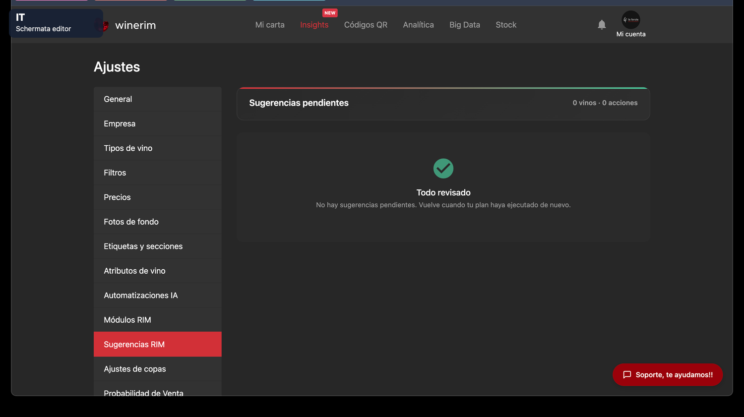 Editor Italiano ajustes sugerencias rim