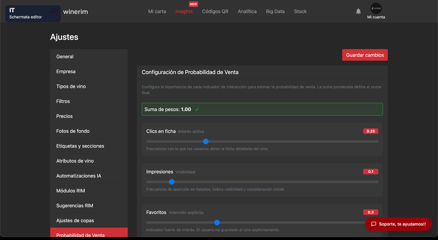 Editor Italiano ajustes probabilidad venta